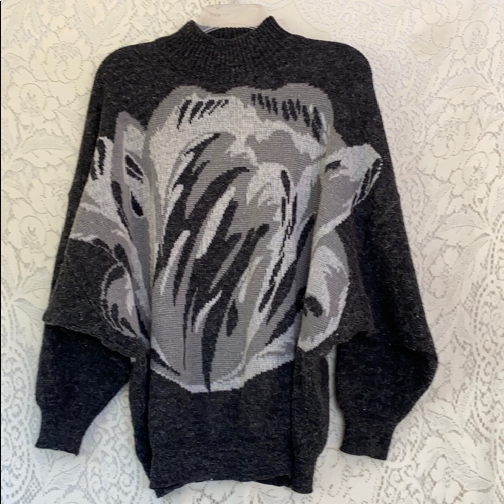 Brownish Grey Tulip Motif Mock Turtleneck Long Sleeve Sweater